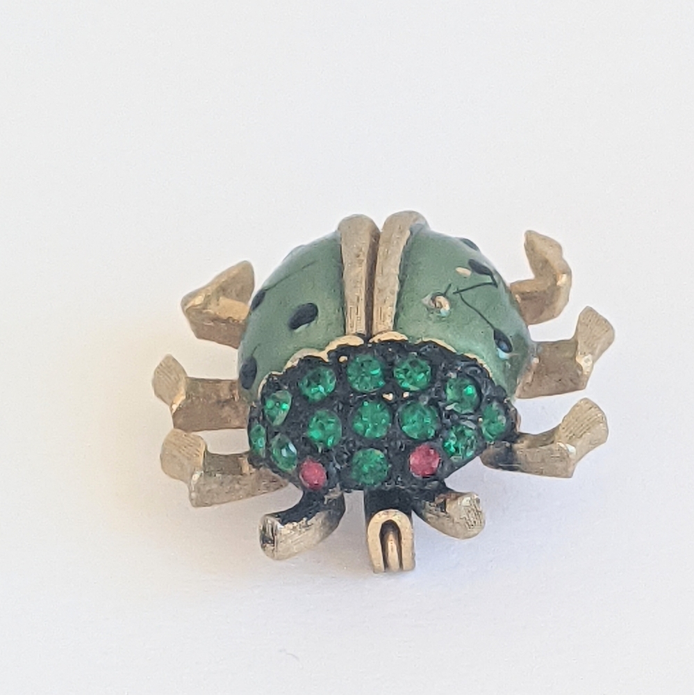 LADYBUG BEETLE GREEN ENAMEL RHINESTONE BROOCH